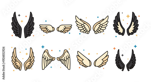 A collection of angel and bird wings in colorful and black vector style, suitable for fantasy and spiritual design projects