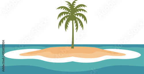 Serene island with palm tree, sandy shore, ocean waves viewed from a distance in a peaceful atmosphere illustration