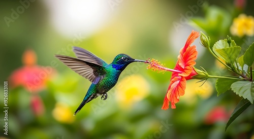 Vibrant hummingbird feeding from colorful hibiscus flower in lush garden