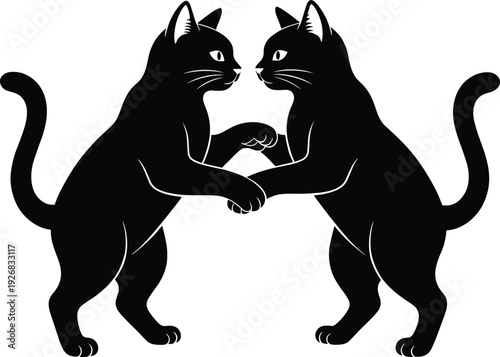 Black vector silhouette of two graceful cats standing on hind legs and touching paws for pet lover animal welfare and feline behavior concepts