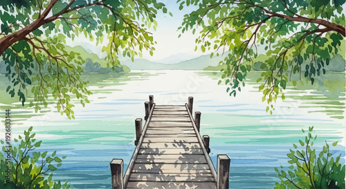 Tranquil watercolor painting of a wooden dock on a calm lake surrounded by lush green trees and serene landscape