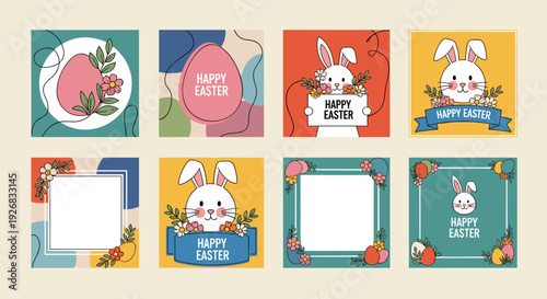 A collection of eight Easter-themed greeting cards featuring bunnies, flowers, and vibrant colors in a playful vector style, ideal for seasonal celebrations