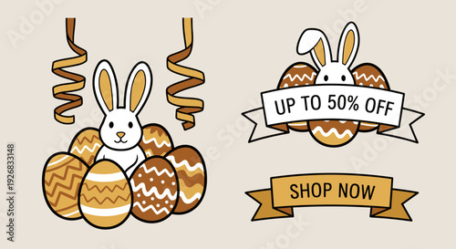 A cheerful Easter bunny with decorated eggs and a sale banner in colorful flat vector style, suitable for holiday promotions