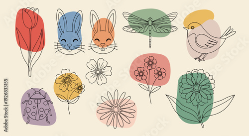 A collection of cute animals and flowers in colorful minimalist line art style, perfect for spring-themed designs