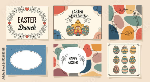 A collection of Easter-themed greeting cards and decorations in colorful modern vector style, perfect for spring celebrations and brunch invitations