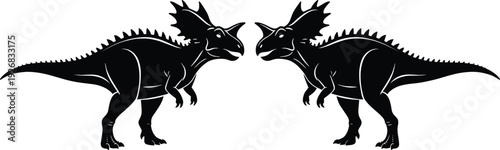 Black vector silhouette of two prehistoric triceratops dinosaurs facing each other in a symmetrical profile for history education and museum mascot design