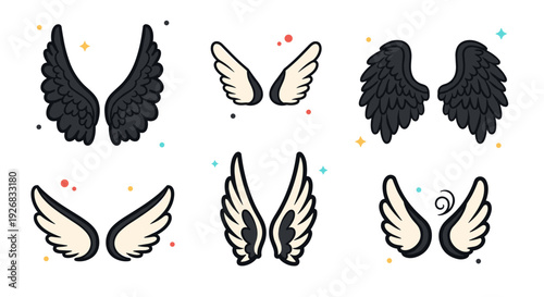 A collection of various wing designs in flat modern vector style, suitable for fantasy and creative projects