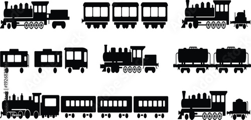 Black, train, silhouette, set, vintage, steam, locomotive, engine, carriage, railway, transportation, icon, vector, illustration, isolated, white, background, retro, cargo, collection