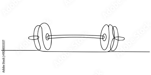 dumbbell continuous one line drawing, Continuous one line drawing of dumbbell weight isolated on white background, minimal outline illustration for fitness, workout, strength training, bodybuilding