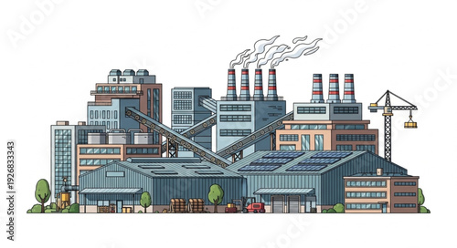 Industrial complex illustration depicting factories, chimneys, and infrastructure, a visual representation.