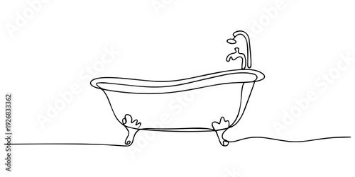 bathtub continuous one line drawing, Continuous one line drawing of bathtub illustration. Continuous single line drawing of baby bath icon. Bathtub in one continuous line art drawing style. Vector