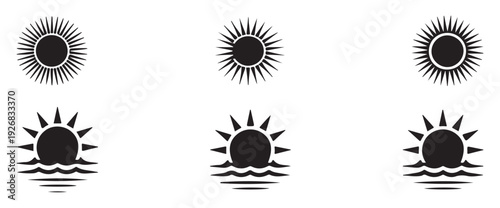 Sunrise, Sunset and Crescent Moon Over Water Icon Set. vector illustration eps 10