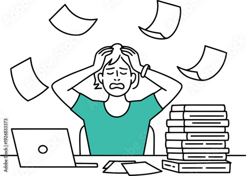 A woman stressed with paperwork and deadlines