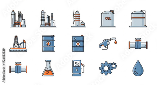 Oil and gas industry icons representing various aspects of the sector.
