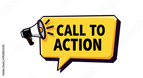 A call to action speech bubble with a megaphone in bold black and yellow vector style, ideal for marketing and advertising campaigns