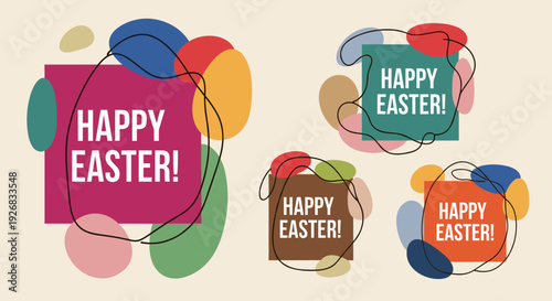 A set of colorful Easter greeting designs featuring playful abstract shapes and cheerful typography in modern vector style, perfect for seasonal greetings and celebrations