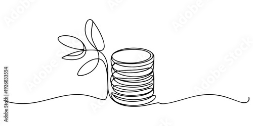 coin with leaf continuous one line drawing, Money plant in One Continuous line drawing. Growing coin seeds symbol and finance investment increase concept, Coins stack with leaves branch continuous one