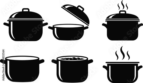 Black vector silhouette set of various cooking pots and pans including covered saucepans boiling soup pots and steaming cookware for kitchen and culinary branding