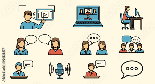 A collection of communication icons depicting video conferencing, chat, and online meetings in flat vector style, ideal for digital communication projects