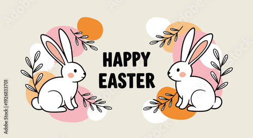 A cheerful illustration featuring cute rabbits surrounded by colorful shapes and leaves, in a modern vector style, perfect for Easter greetings