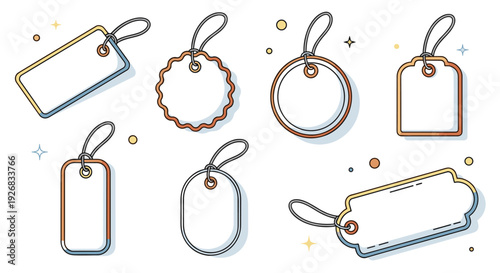 A collection of various tags and labels in minimalist outline vector style, suitable for branding and design projects