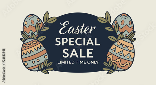 A decorative Easter special sale banner featuring colorful patterned eggs in a modern vector style, perfect for festive promotions