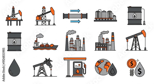 Oil Industry Icons Depicting Extraction, Refining, and Transportation Processes.