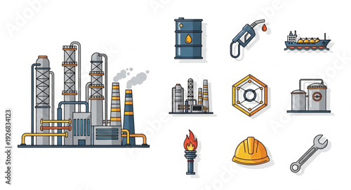 Oil refinery and related industrial equipment, representing the energy sector.