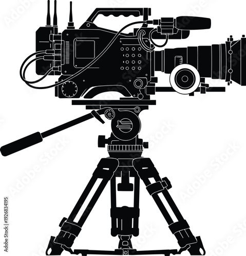 Black vector silhouette of a professional cinema movie camera on a tripod with lenses and production gear for film industry and broadcasting concepts