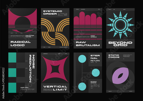 Brutalism poster collection.Brutalism poster collection. Geometric minimalist poster bundle. Bauhaus geometric poster set for modern event layouts, bold graphic branding, tech gallery art and covers.