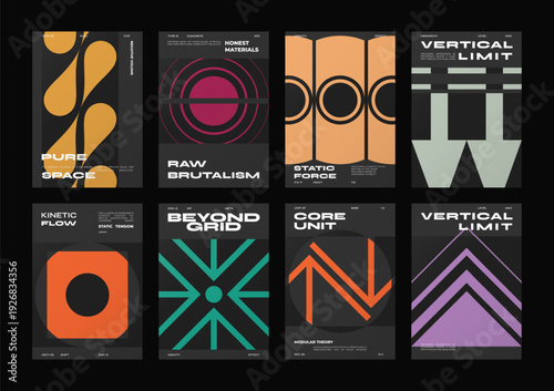 Brutalism poster collection.Brutalism poster collection. Geometric minimalist poster bundle. Bauhaus geometric poster set for modern event layouts, bold graphic branding, tech gallery art and covers.
