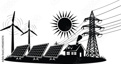 Black vector silhouette of renewable energy sources including solar panels wind turbines and a sun near a house with an electrical power tower