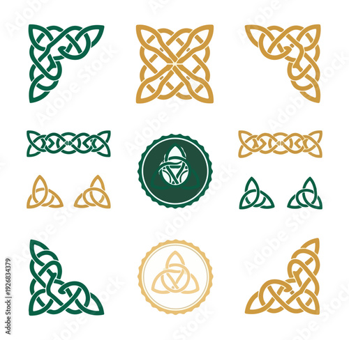 Celtic knotwork designs in green and gold on black background