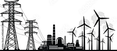 Black vector silhouette panorama of an industrial power plant with high voltage electric transmission towers and wind turbines for energy production and utility concepts
