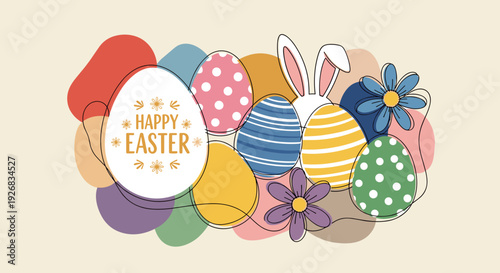 A colorful Easter eggs and bunny illustration in a playful vector style, perfect for seasonal greetings and celebration designs