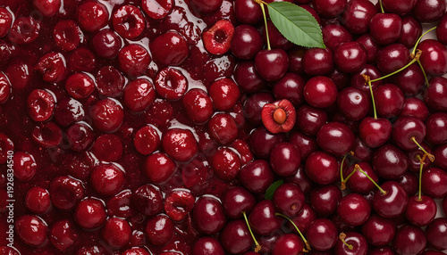 Freshly harvested cherries and homemade cherry preserve texture