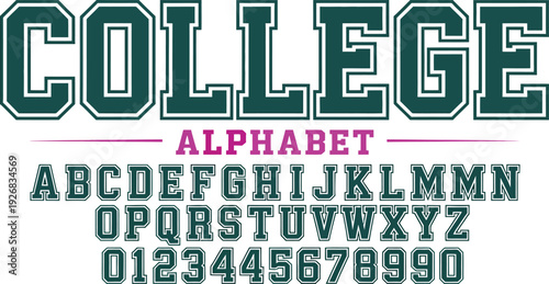 Vintage Green Collegiate Alphabet Vector Set Featuring Slab Serif Block Letters and Numbers for University Varsity and Athletic Apparel Design