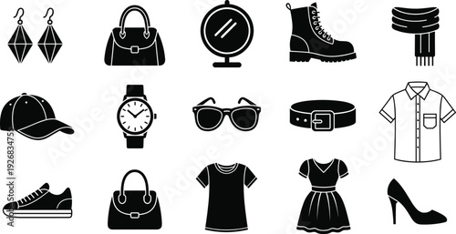 Black vector silhouette set of fifteen fashion and apparel icons including clothing shoes handbags sunglasses jewelry and accessories for retail and shopping design