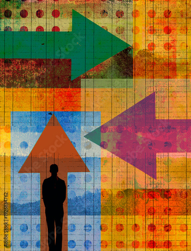 Man contemplating arrows in different directions