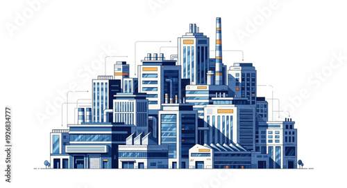 Industrial city skyline with modern architecture and complex infrastructure, urban landscape.