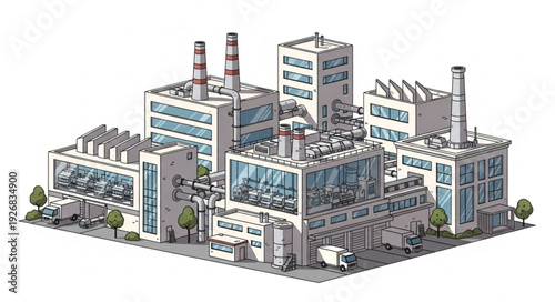 Detailed illustration of a modern industrial complex with multiple buildings and structures.