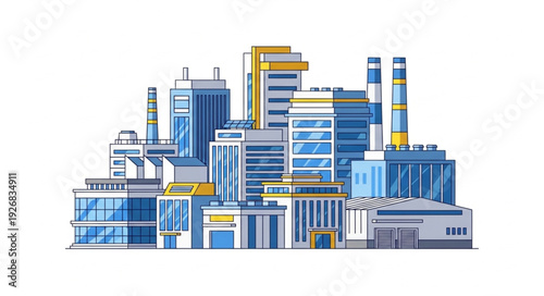 Modern industrial complex showcasing diverse architectural designs and structures.