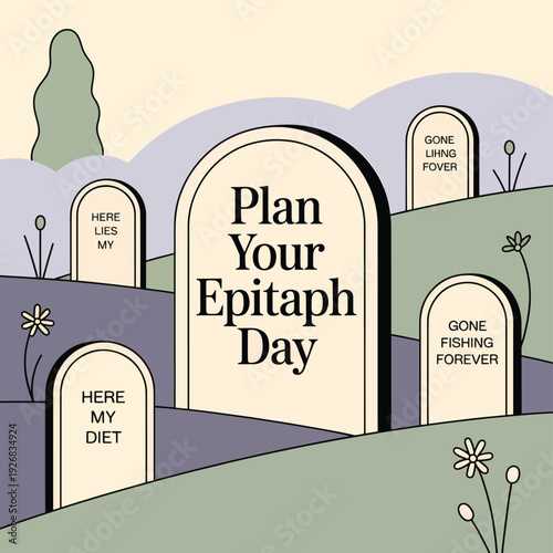 Cartoon graveyard with tombstones and humorous epitaphs