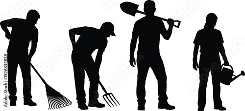 Black vector silhouette set of four gardeners and farmers working with tools including a rake pitchfork shovel and watering can for landscaping and agriculture