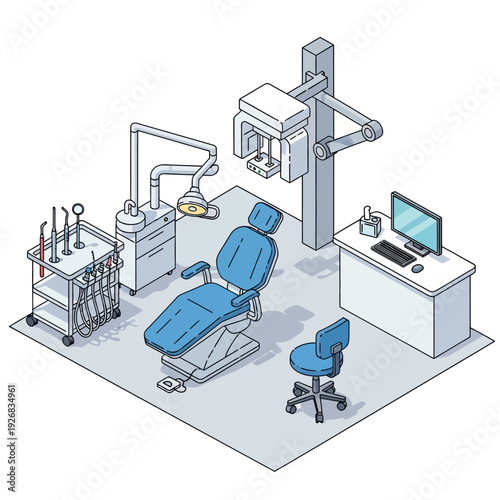 Modern Dental Clinic Isometric View - Equipment and Technology Illustration