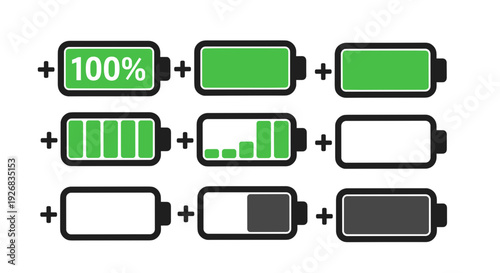 Battery Icons Showing Various Charge Levels.