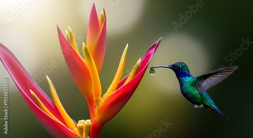 Vibrant hummingbird sips nectar from colorful bird of paradise flower