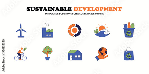 Sustainable development icons set for environmental protection and ecology conservation featuring renewable energy recycling and green lifestyle symbols in flat vector graphic style