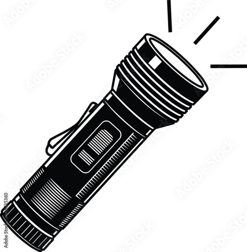 Black and white vector illustration of a modern handheld flashlight with beam of light for camping emergency safety and illumination design projects