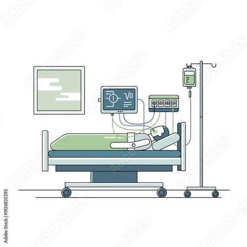 Patient in hospital bed with medical equipment, flat design illustration